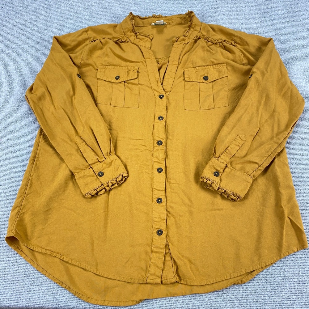 Sundance Mustard Yellow Ruffle Trim Button Up Viscose Blouse Womens Medium M